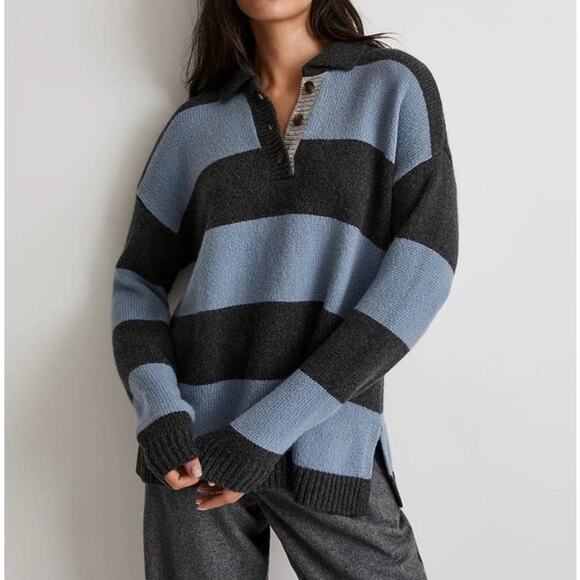 Madewell Rugby Stripe Wool Blend Polo Sweater US Women's XXS New - Picture 1 of 6